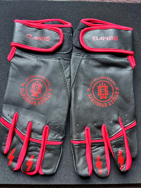 Black and red leather riding gloves